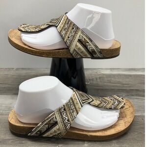 Sam & Libby Womens 9 Gold Black Geometric Embroidered Cork Thong Slide Sandals